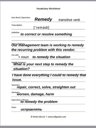 Download free Vocabulary Worksheet. http://www.allyparks.com/english-blog/vocabulary-how-to-learn-new-english-words-with-vocabulary-worksheets-remedy define Remedy, Remedy meaning, Remedy in a sentence, Vocabulary, esl, efl, English, Inglês, inglés, английский язык, ingles, английские