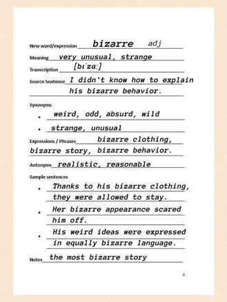 Bizarre means odd and wild. Download free Vocabulary Worksheet. define bizarre, bizarre meaning, ESL, Learn English Vocabulary, free Vocabulary Worksheets, worksheet English, printable English worksheets, bizarre, http://www.allyparks.com/english-blog/learn-new-english-words-bizarre